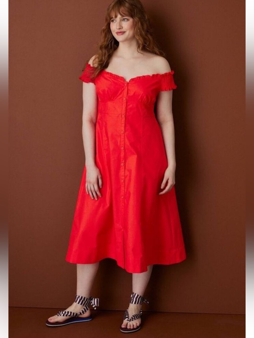 Women's Off the Shoulder Poplin Button-Down Midi Dress - Rosie Assoulin Red XS
